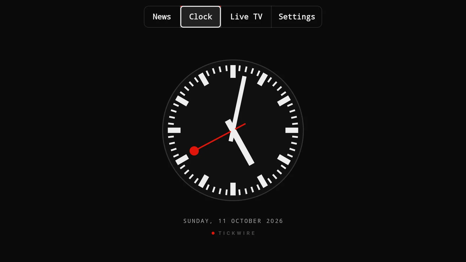 Tickwire clock view: a Swiss-style station clock with the date underneath