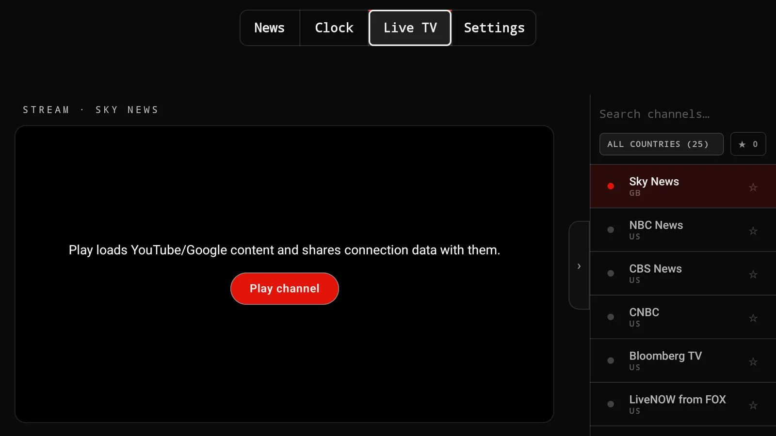 Tickwire live TV view: a channel list with Sky News, NBC News, CBS News, CNBC and Bloomberg TV next to a Play channel button