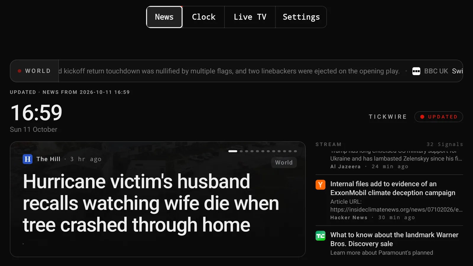 Tickwire news view on a TV: the time, a world headline band, the top story from The Hill and a stream of headlines from other outlets